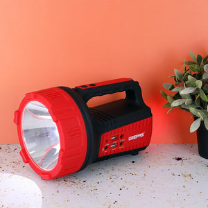 Geepas GSL5572 Rechargeable LED Search Light | 15W High Power LED| 6 LED Warning Lamps| 4V 6Ah Battery | Dual USB Charging Ports |  Long Runtime & Durable Design