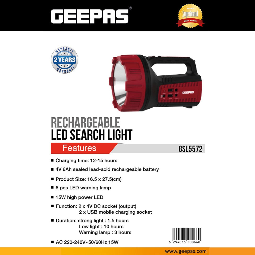 Geepas GSL5572 Rechargeable LED Search Light | 15W High Power LED| 6 LED Warning Lamps| 4V 6Ah Battery | Dual USB Charging Ports |  Long Runtime & Durable Design