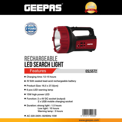 Geepas GSL5572 Rechargeable LED Search Light | 15W High Power LED| 6 LED Warning Lamps| 4V 6Ah Battery | Dual USB Charging Ports |  Long Runtime & Durable Design