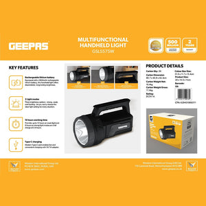 Geepas GSL5575 Rechargeable Multifunctional Handheld Light | 3600mAh LED Search Light | 30W High-Power LED | 3 Lighting Modes | Up to 10 Hours Runtime | Ergonomic Handle