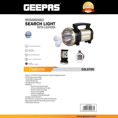 Geepas GSL5709 Rechargeable Search Light with Lantern | 10W LED Spotlight | Built-in Lantern Function | USB Output for Device Charging | Long Runtime | Durable Design