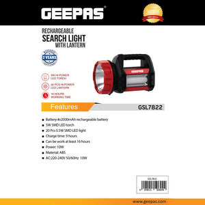 Geepas GSL7822 Rechargeable Search Light with Lantern | Powerful 5W LED Torch| 20pcs SMD LED Lantern| 4V 2000mAh Battery| 16 Hours Working| Ideal for Home & Outdoor Use