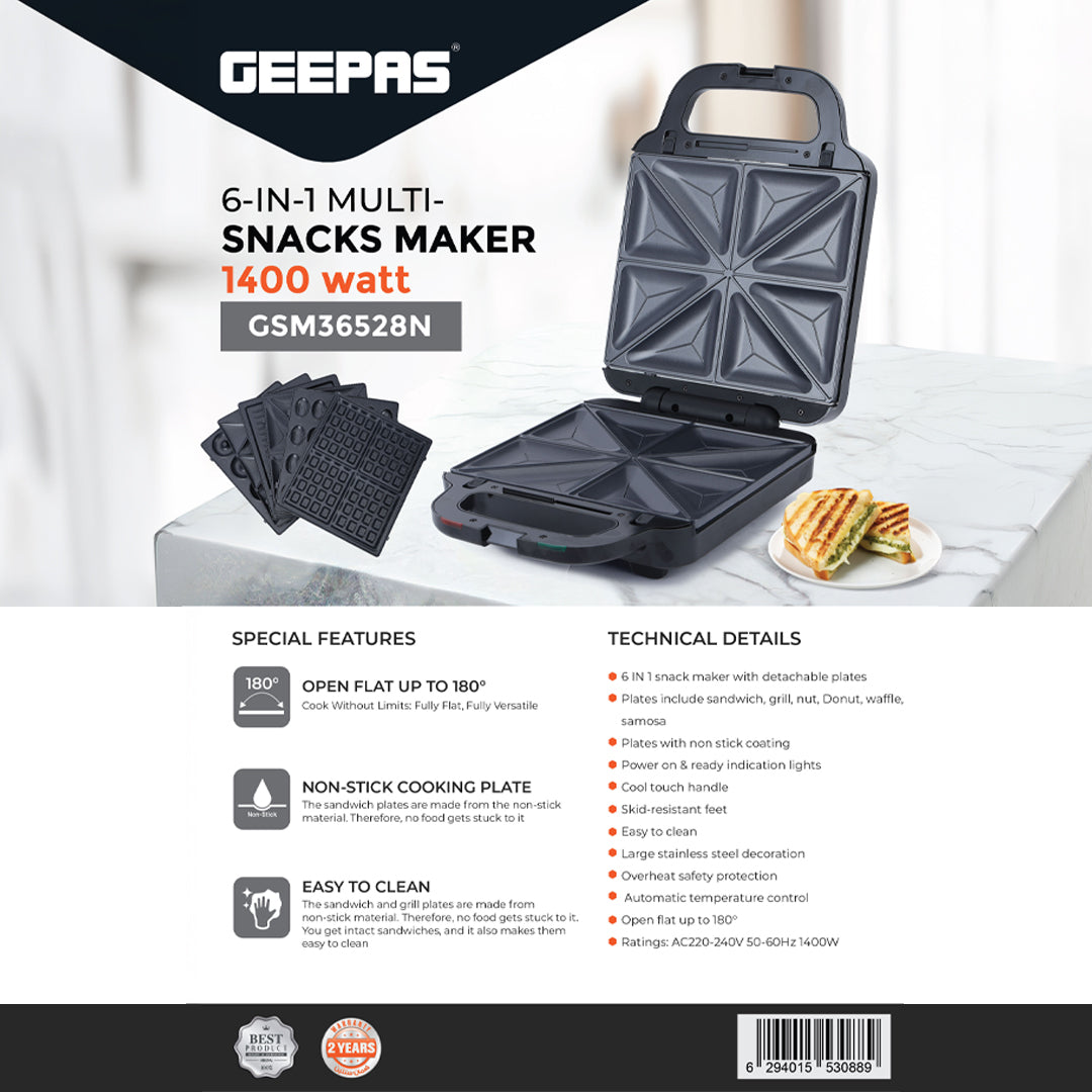 Geepas 6 in 1 Multi Snacks Maker- GSM36528/ 6 Detachable Plates/ Non-Stick Coating, Opens 180° Flat/ 1400W, Overheat Protection and Cool Touch Handle/ 2 Year Warranty