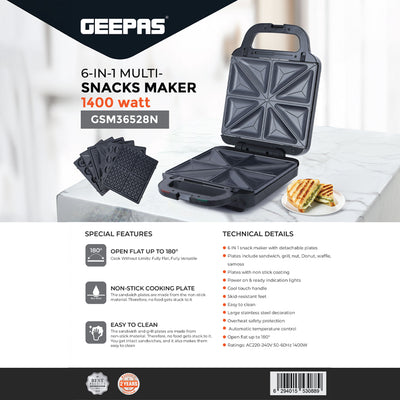 Geepas 6 in 1 Multi Snacks Maker- GSM36528/ 6 Detachable Plates/ Non-Stick Coating, Opens 180° Flat/ 1400W, Overheat Protection and Cool Touch Handle/ 2 Year Warranty