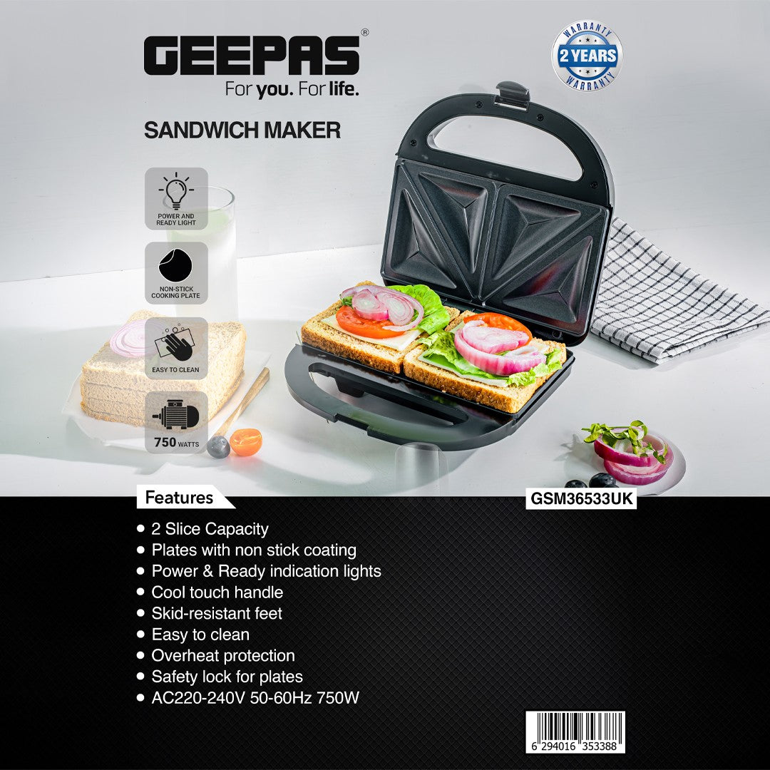 Geepas Sandwich Maker GSM36533UK | 750W Powerful Toaster| Non-Stick Plates| Power & Ready Light| Cool Touch Handle| Easy to Clean & Overheat Protection | 2-Year Warranty