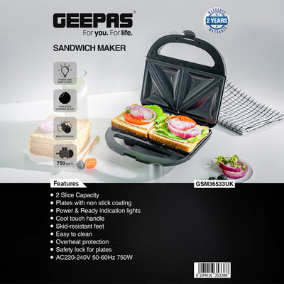 Geepas Sandwich Maker GSM36533UK | 750W Powerful Toaster| Non-Stick Plates| Power & Ready Light| Cool Touch Handle| Easy to Clean & Overheat Protection | 2-Year Warranty