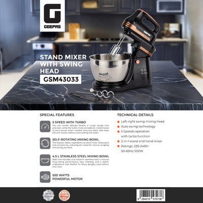 Geepas Stand Mixer GSM43033, 500W powerful motor with 4.5L stainless steel bowl, 5 speed + turbo, includes dough hook, beater & whisk, black & silver, 2-year warranty