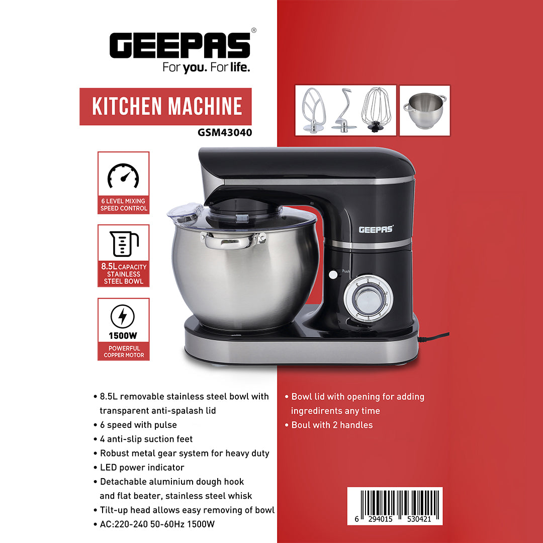 Geepas Kitchen Machine GSM43040 | 8.5L Stainless Steel Bowl Stand Mixer| 1500W Powerful Motor| 6 Speed Control | Durable ABS Body| 3 Mixing Attachments| 2 Years Warranty