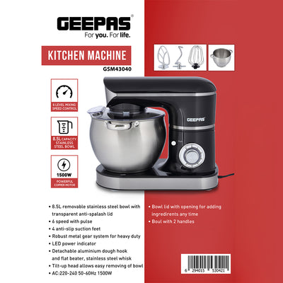 Geepas Kitchen Machine GSM43040 | 8.5L Stainless Steel Bowl Stand Mixer| 1500W Powerful Motor| 6 Speed Control | Durable ABS Body| 3 Mixing Attachments| 2 Years Warranty