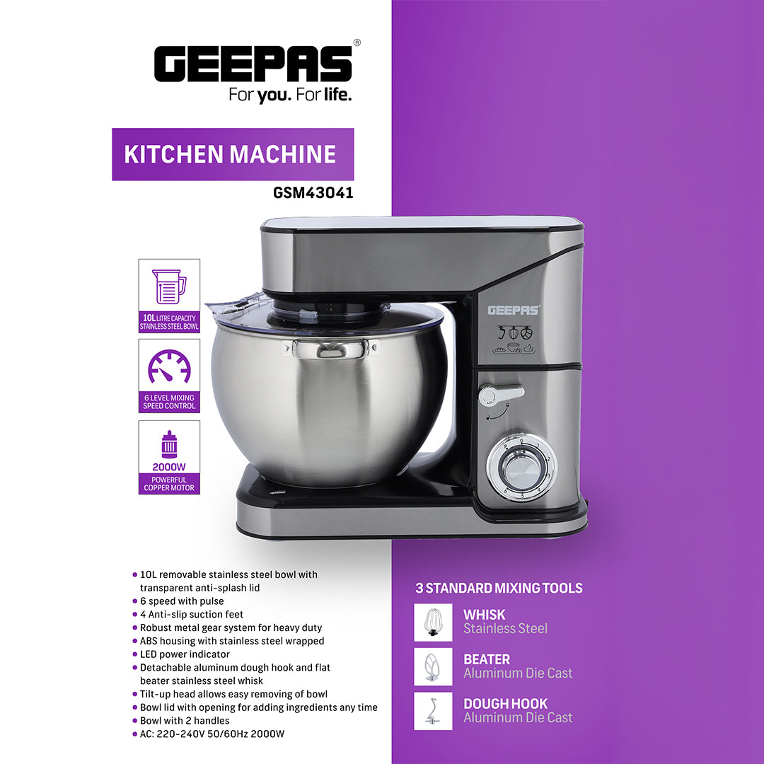 Geepas GSM43041 Kitchen Machine | 10L Capacity Stainless Steel Bowl Stand Mixer| 2000W  6 Speed Control | 3 Mixing Tools  Whisk, Beater & Dough Hook| 2 Years Warranty