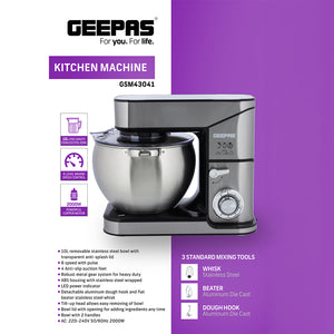 Geepas GSM43041 Kitchen Machine | 10L Capacity Stainless Steel Bowl Stand Mixer| 2000W  6 Speed Control | 3 Mixing Tools  Whisk, Beater & Dough Hook| 2 Years Warranty