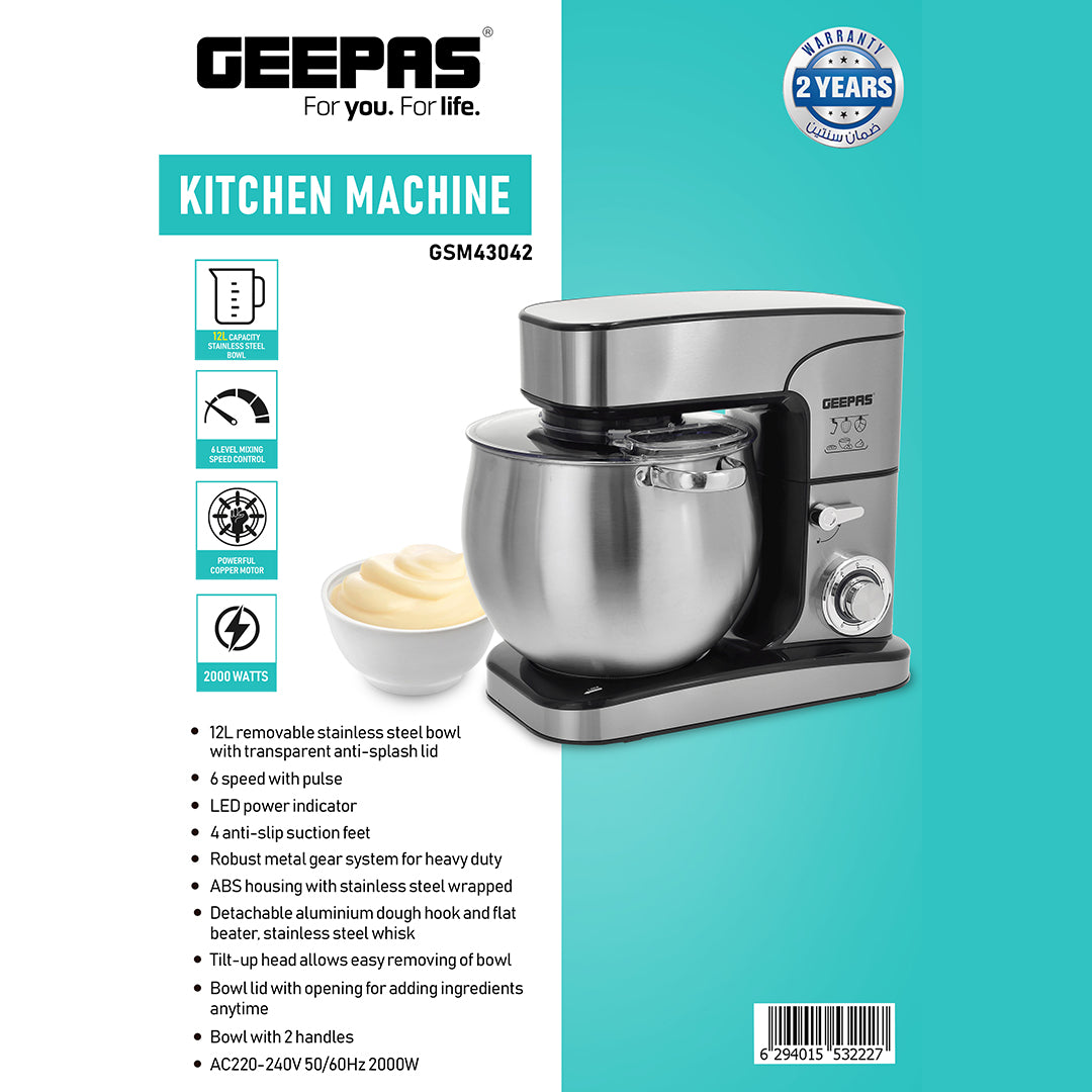 Geepas Kitchen Machine GSM43042 | 2000W Powerful Stand Mixer| 12L Stainless Steel Bowl| 6 Speed Control with Pulse| Safety Lock| LED Indicator| 2 Years Warranty