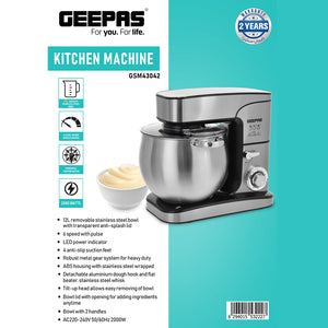 Geepas Kitchen Machine GSM43042 | 2000W Powerful Stand Mixer| 12L Stainless Steel Bowl| 6 Speed Control with Pulse| Safety Lock| LED Indicator| 2 Years Warranty