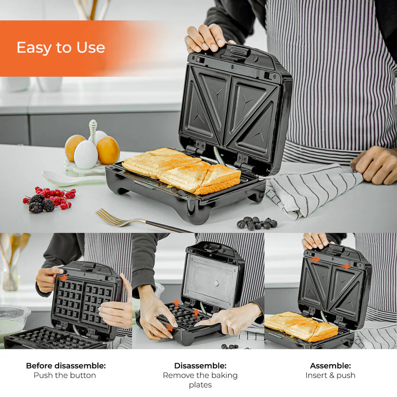 Geepas 3-in-1 Sandwich Maker GSM5425 | 750W Powerful Performance | Includes Grill & Waffle Plates| Non-Stick Coating| Compact Design| Easy Cleaning | 2-Year Warranty