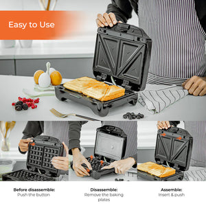 Geepas 3-in-1 Sandwich Maker GSM5425 | 750W Powerful Performance | Includes Grill & Waffle Plates| Non-Stick Coating| Compact Design| Easy Cleaning | 2-Year Warranty