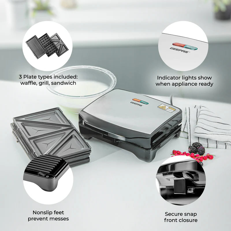 Geepas 3-in-1 Sandwich Maker GSM5425 | 750W Powerful Performance | Includes Grill & Waffle Plates| Non-Stick Coating| Compact Design| Easy Cleaning | 2-Year Warranty