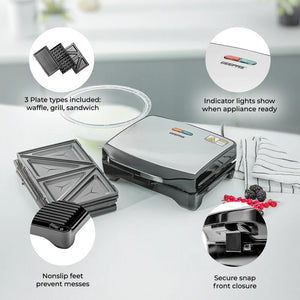 Geepas 3-in-1 Sandwich Maker GSM5425 | 750W Powerful Performance | Includes Grill & Waffle Plates| Non-Stick Coating| Compact Design| Easy Cleaning | 2-Year Warranty
