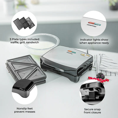 Geepas 3-in-1 Sandwich Maker GSM5425 | 750W Powerful Performance | Includes Grill & Waffle Plates| Non-Stick Coating| Compact Design| Easy Cleaning | 2-Year Warranty