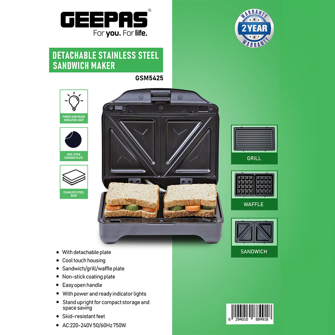 Geepas 3-in-1 Sandwich Maker GSM5425 | 750W Powerful Performance | Includes Grill & Waffle Plates| Non-Stick Coating| Compact Design| Easy Cleaning | 2-Year Warranty