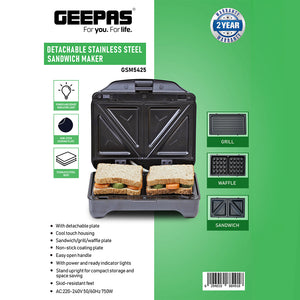 Geepas 3-in-1 Sandwich Maker GSM5425 | 750W Powerful Performance | Includes Grill & Waffle Plates| Non-Stick Coating| Compact Design| Easy Cleaning | 2-Year Warranty