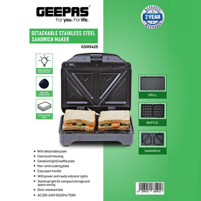 Geepas 3-in-1 Sandwich Maker GSM5425 | 750W Powerful Performance | Includes Grill & Waffle Plates| Non-Stick Coating| Compact Design| Easy Cleaning | 2-Year Warranty