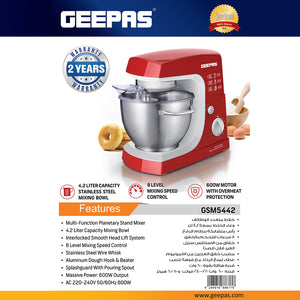 Geepas GSM5442 Stand Mixer | 600W Motor, 4.2L Stainless Steel Bowl| 8-Speed Control| Planetary Action| Overheat Protection| Whisk, Dough Hook, Beater| 2 Years Warranty
