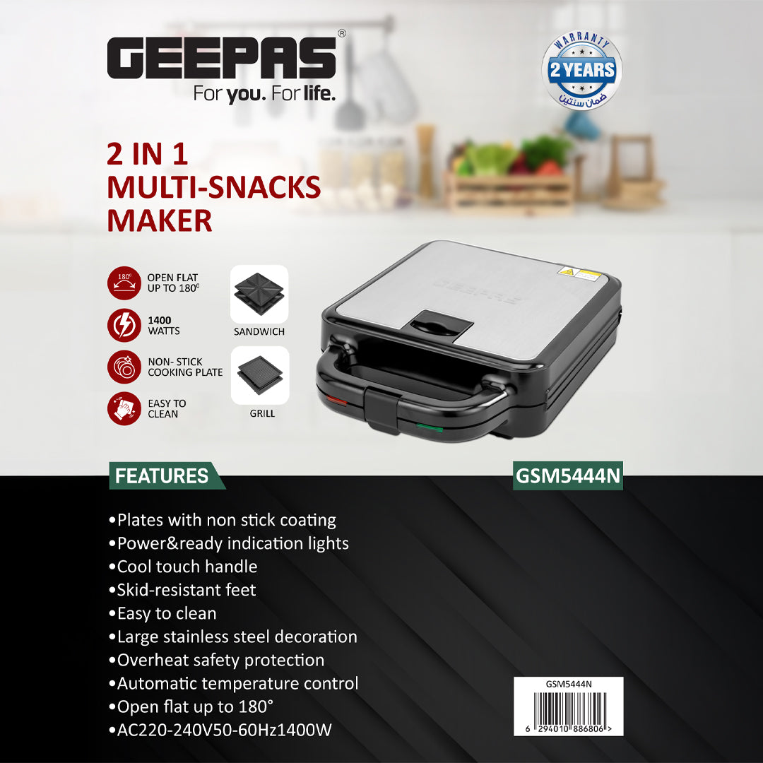 Geepas GSM5444 2-in-1 Multi Snacks Maker 1400W | Sandwich & Grill | 180° Open Design | Non-stick cooking plates | Automatic temperature control |Cool-touch handle