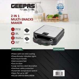 Geepas GSM5444 2-in-1 Multi Snacks Maker 1400W | Sandwich & Grill | 180° Open Design | Non-stick cooking plates | Automatic temperature control |Cool-touch handle