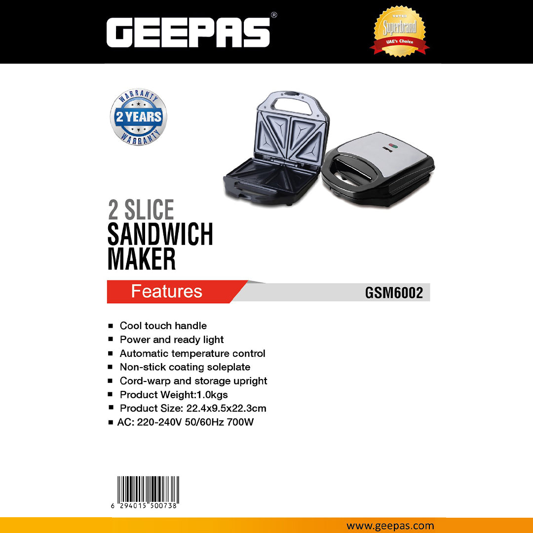 Geepas 2-Slice Sandwich Maker | 700W Powerful Sandwich Toaster with Non-Stick Plates| Cool-Touch Handle| Indicator Lights| Easy Cleaning| Compact Design| 2 Years Warranty