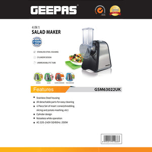 Geepas 4-in-1 Salad Maker GSM63022UK | 200W Powerful Motor | 4 Stainless Steel Cones for Effortless Slicing| Shredding, Grating & Grinding | Easy to Use |  2-Year Warranty