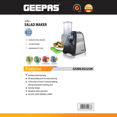 Geepas 4-in-1 Salad Maker GSM63022UK | 200W Powerful Motor | 4 Stainless Steel Cones for Effortless Slicing| Shredding, Grating & Grinding | Easy to Use |  2-Year Warranty