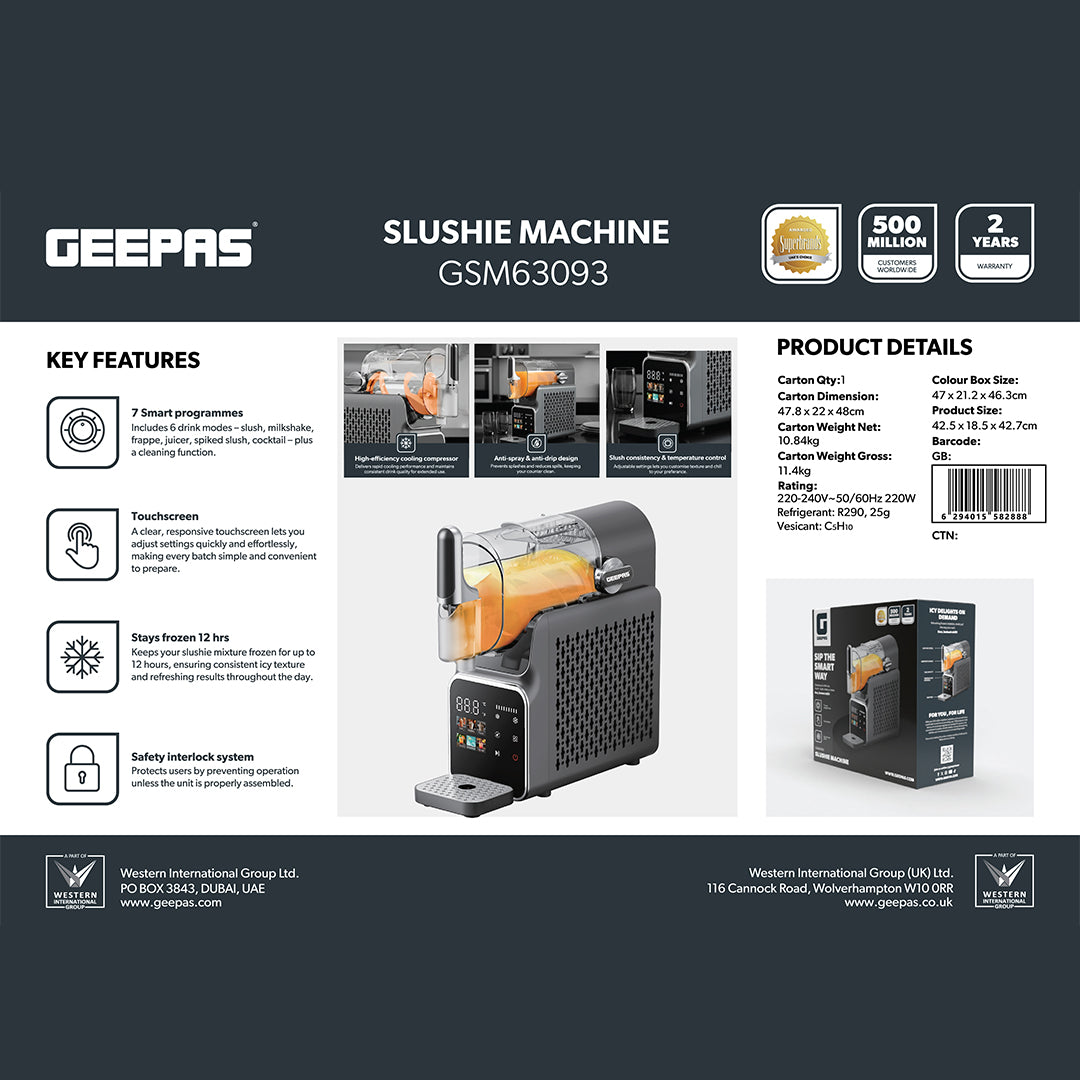 Geepas GSM63093 Slushie Machine | 7 Smart Programmes |Touchscreen & Frozen Drink Maker |cooling compressor | Adjustable slush consistency |Anti-spray & anti-drip design