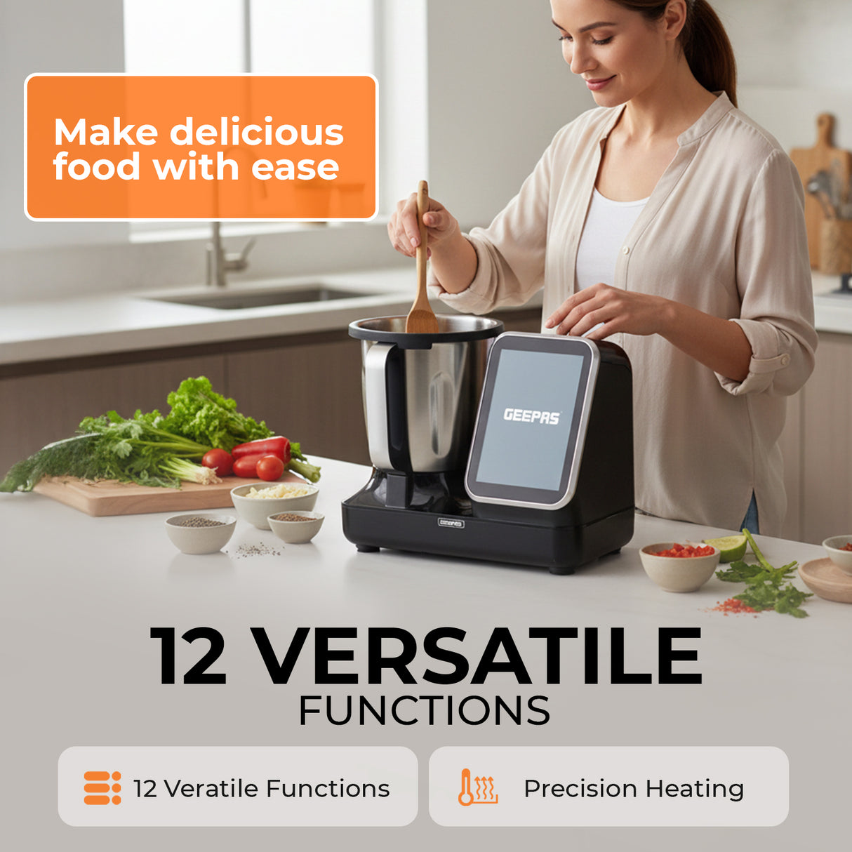 Geepas GSMC35059 Smart Multi-Cooker |  Touchscreen Display | Powerful AC Motor|  Precision Heating Control & 98+ Built-In Recipes for Effortless Smart Home Cooking