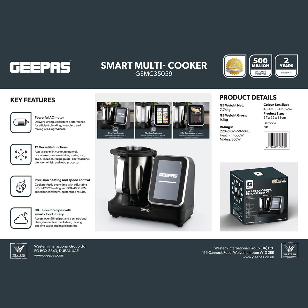 Geepas GSMC35059 Smart Multi-Cooker |  Touchscreen Display | Powerful AC Motor|  Precision Heating Control & 98+ Built-In Recipes for Effortless Smart Home Cooking