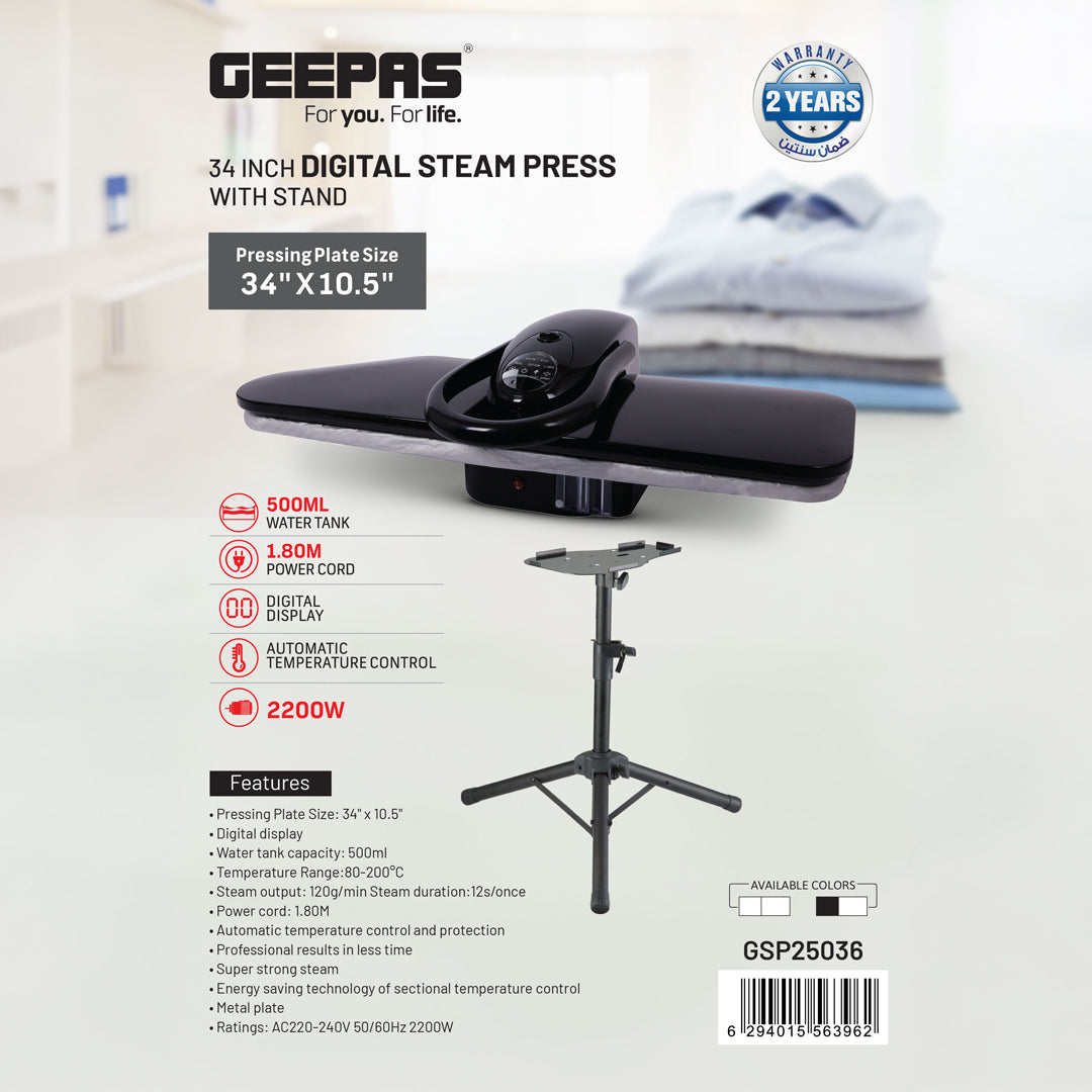 Geepas GSP25036 34” Digital Steam Press with Stand |2200W Power| 500ml Water Tank| Automatic Temperature Control| Digital Display & Strong Steam Output | 2 Years Warranty