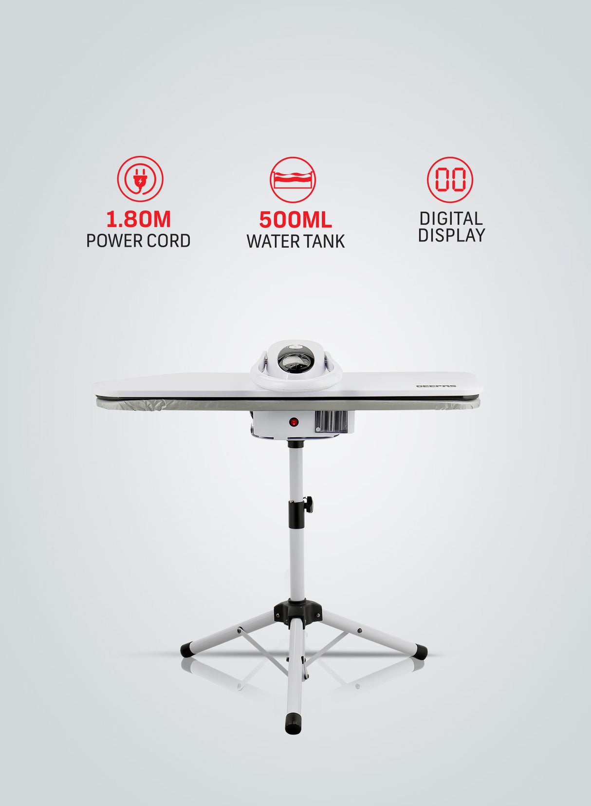 Geepas Digital Steam Press with Stand- GSP25037/ 38"x10.5", Suitable for All Kinds of Fabric and Safe for Delicate Fabrics/ Equipped with Metal Plate and 500 ML Capacity