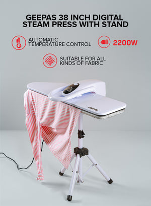 Geepas Digital Steam Press with Stand- GSP25037/ 38"x10.5", Suitable for All Kinds of Fabric and Safe for Delicate Fabrics/ Equipped with Metal Plate and 500 ML Capacity