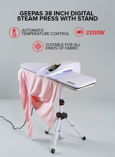 Geepas Digital Steam Press with Stand- GSP25037/ 38"x10.5", Suitable for All Kinds of Fabric and Safe for Delicate Fabrics/ Equipped with Metal Plate and 500 ML Capacity