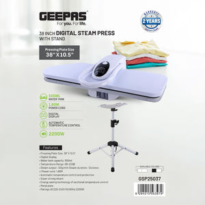 Geepas GSP25037 38-Inch Digital Steam Press with Stand | 2200W Power| Auto Temperature Control | Large Pressing Surface| Adjustable Steam| Safety Lock| 2 Years Warranty
