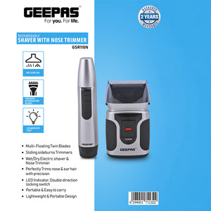 Geepas GSR110N Rechargeable Shaver with Nose Trimmer | Wet & Dry Use| Dual Floating Blades| Sideburns Trimmer| LED Indicator| Portable & Lightweight | 2-Year Warranty