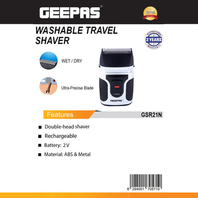 Geepas GSR21N Washable Travel Shaver |Rechargeable Wet & Dry Double-Head Electric Shaver | Ultra-precise twin blades |Built-in sideburn trimmer | ABS & metal construction