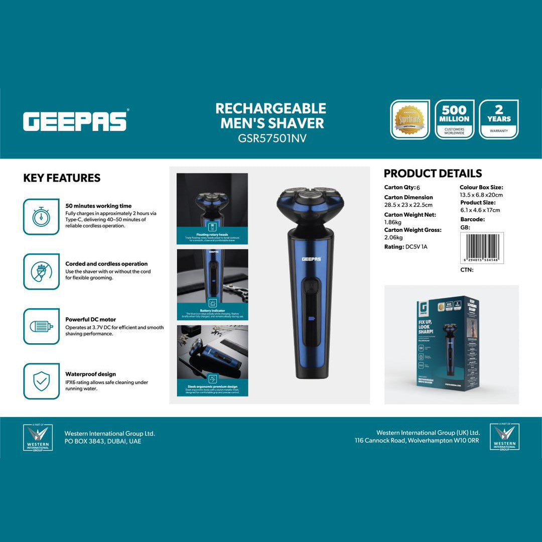 Geepas GSR57501 Rechargeable Men's Shaver | Corded & Cordless | Waterproof | 2-hour Type-C charging | 3.7V DC motor | IPX6 waterproof | Ergonomic slim body |Lightweight