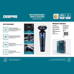 Geepas GSR57501 Rechargeable Men's Shaver | Corded & Cordless | Waterproof | 2-hour Type-C charging | 3.7V DC motor | IPX6 waterproof | Ergonomic slim body |Lightweight