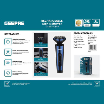 Geepas GSR57501 Rechargeable Men's Shaver | Corded & Cordless | Waterproof | 2-hour Type-C charging | 3.7V DC motor | IPX6 waterproof | Ergonomic slim body |Lightweight