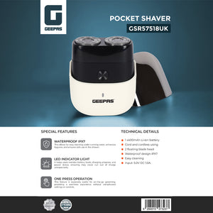 Geepas Pocket Shaver GSR57518UK | Waterproof IPX7 Design, Cord & Cordless Use, Compact Travel Size, 2 Floating Blade Heads, One-Press Operation | 2 Years Warranty