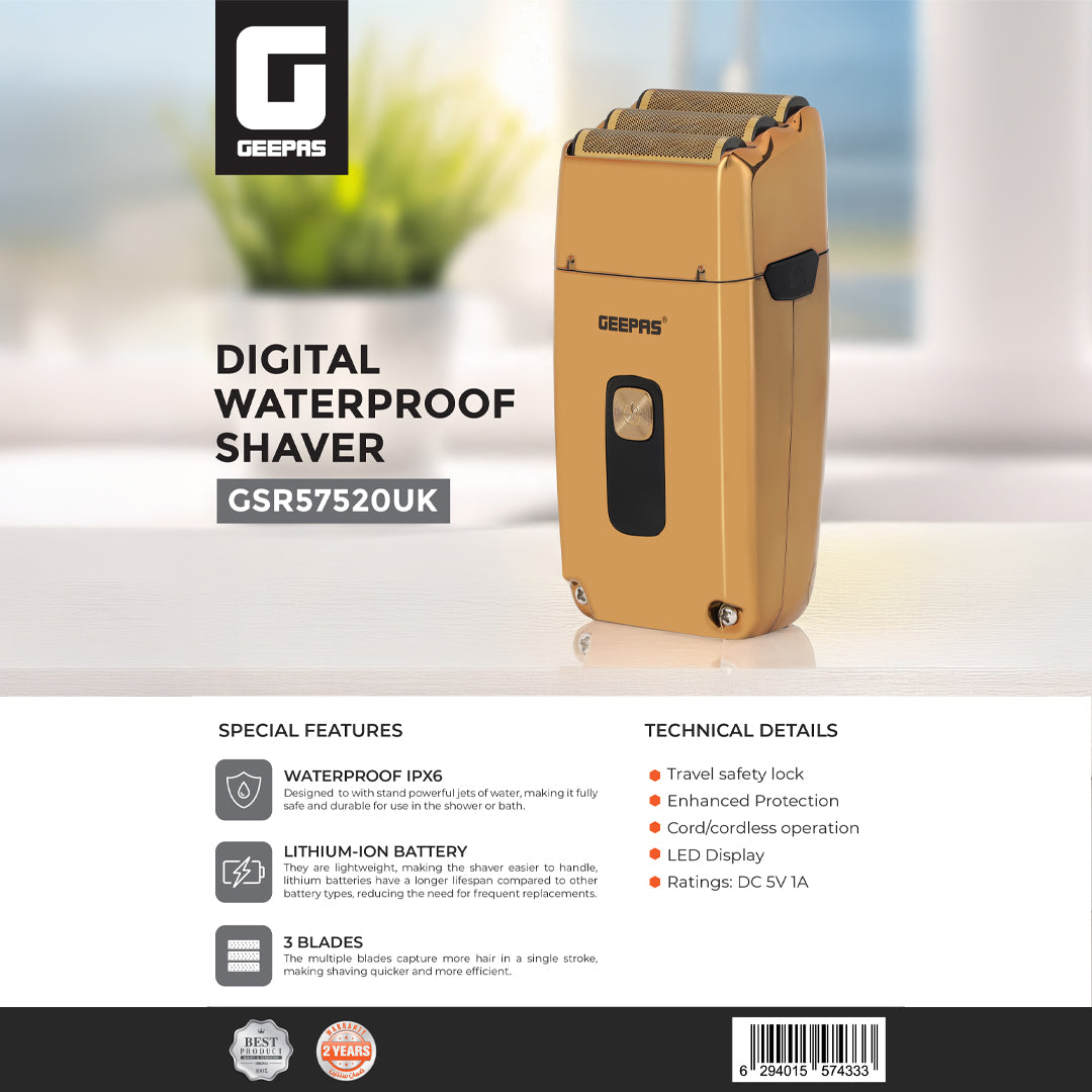 Geepas Digital Waterproof Shaver- GSR57520UK/ for Men, IPX6 Rating, 3 Blades/ Cord and Cordless Operation, with Travel Safety Lock/ Perfect for In-House Styling