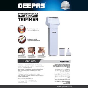Geepas GSR8683 3-in-1 Rechargeable Hair & Beard Trimmer| Multifunction Grooming Kit  Precision Blades| Adjustable Settings|Cordless Operation & Long-Lasting Battery Power