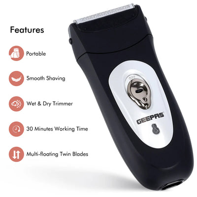Geepas Rechargeable Men’s Shaver – GSR8707 |Dual Floating Blades| Pop-Up Trimmer| Cordless Operation| LED Indicator| Rechargeable Battery| Wet & Dry Use| 2 Years Warranty