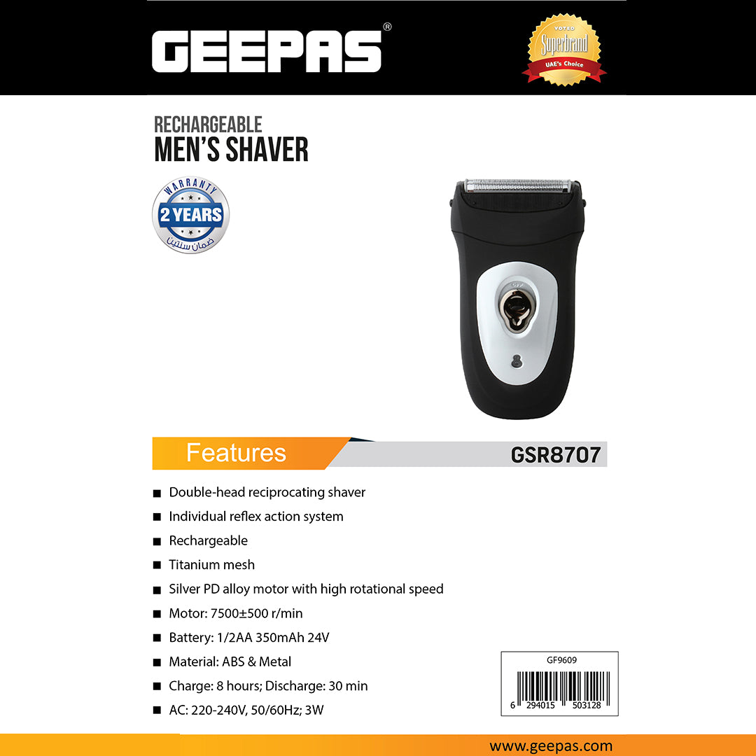 Geepas Rechargeable Men’s Shaver – GSR8707 |Dual Floating Blades| Pop-Up Trimmer| Cordless Operation| LED Indicator| Rechargeable Battery| Wet & Dry Use| 2 Years Warranty
