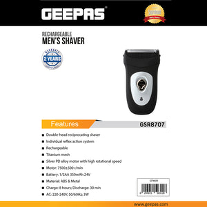 Geepas Rechargeable Men’s Shaver – GSR8707 |Dual Floating Blades| Pop-Up Trimmer| Cordless Operation| LED Indicator| Rechargeable Battery| Wet & Dry Use| 2 Years Warranty